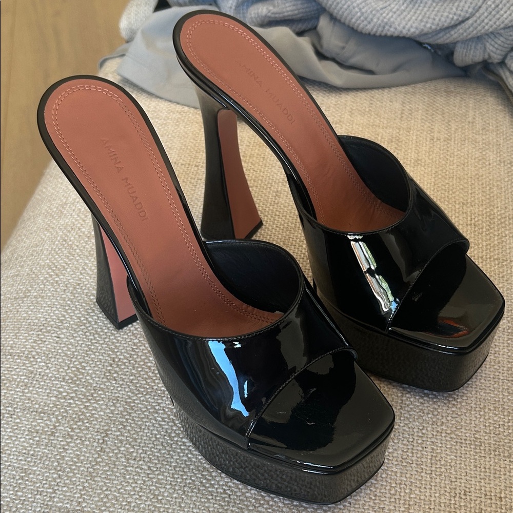 Amina Muaddi Black Patent Platform Mule Heels with Pink Inset